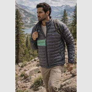 PATAGONIA men's down sweater puffer jacket men's sz L two tone black sage green